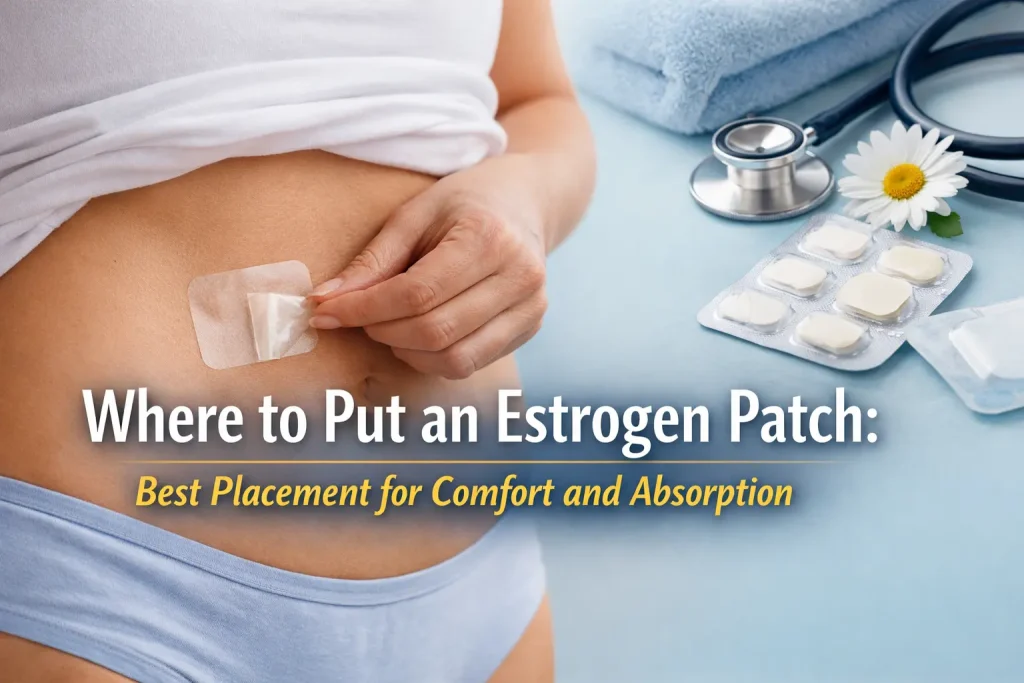 Woman applying an estrogen patch to the lower abdomen, showing proper estrogen patch placement for comfort and consistent hormone absorption.