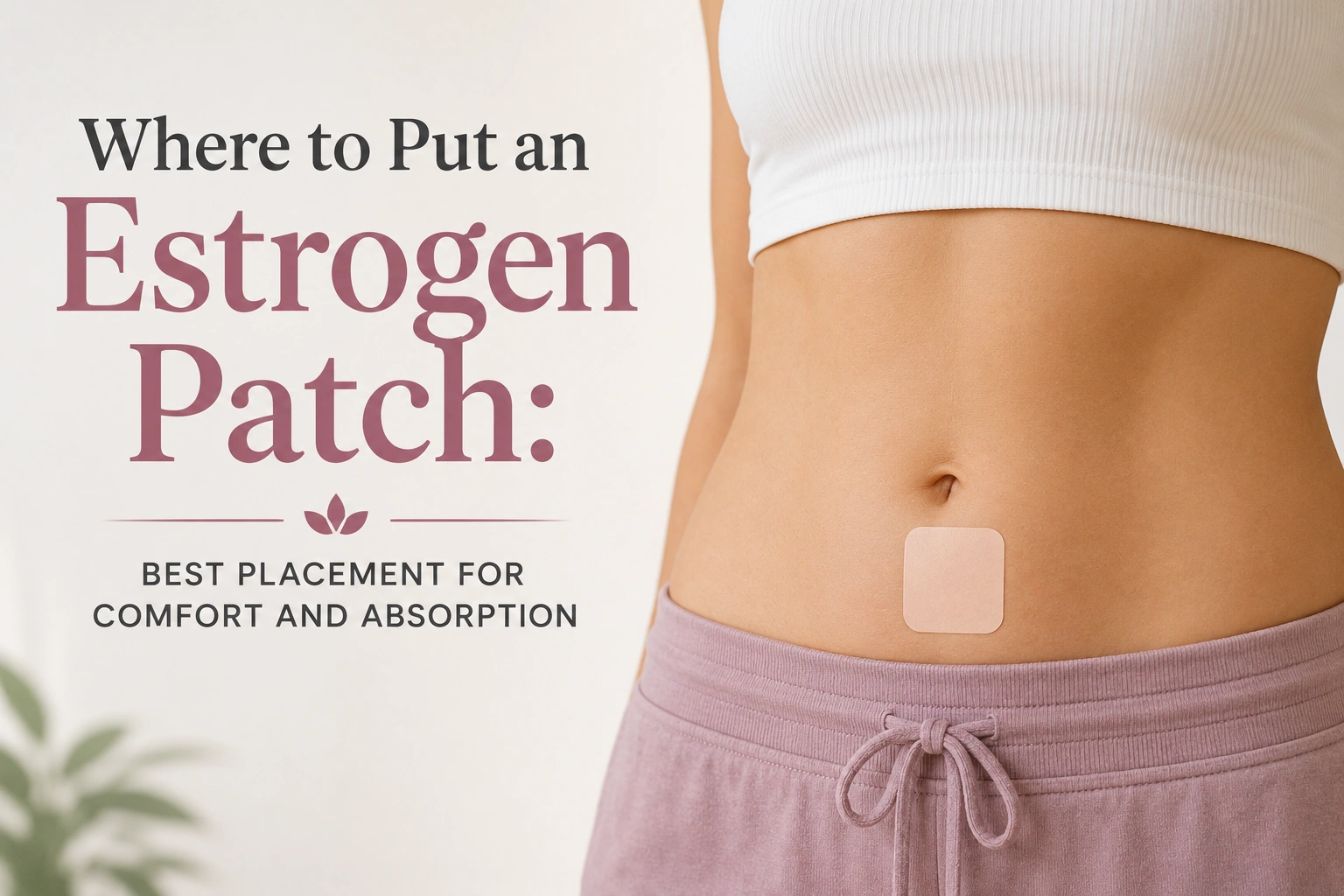 Horizontal featured image showing an estrogen patch placed on a woman’s lower abdomen below the belly button, with text reading: “Where to Put an Estrogen Patch: Best Placement for Comfort and Absorption.”