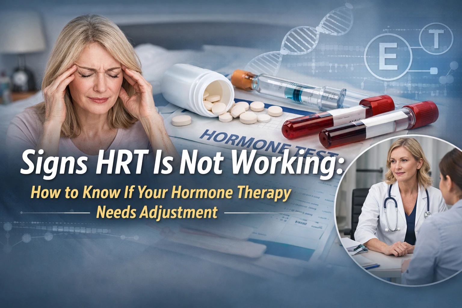 Woman sitting thoughtfully on a bed looking fatigued while reviewing medication, with overlay text reading “Signs HRT Is Not Working: How to Know If Your Hormone Therapy Needs Adjustment,” representing hormone therapy evaluation and symptom awareness.