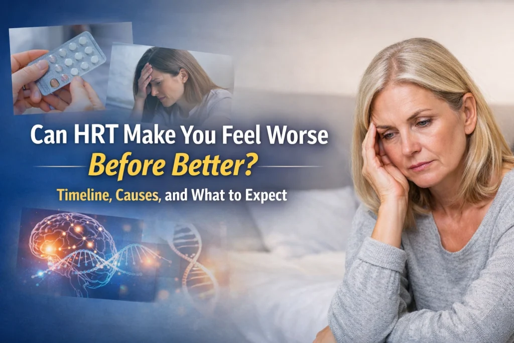 Woman looking concerned while reviewing hormone therapy information, with overlay text about HRT adjustment timeline, causes, and what to expect when starting HRT