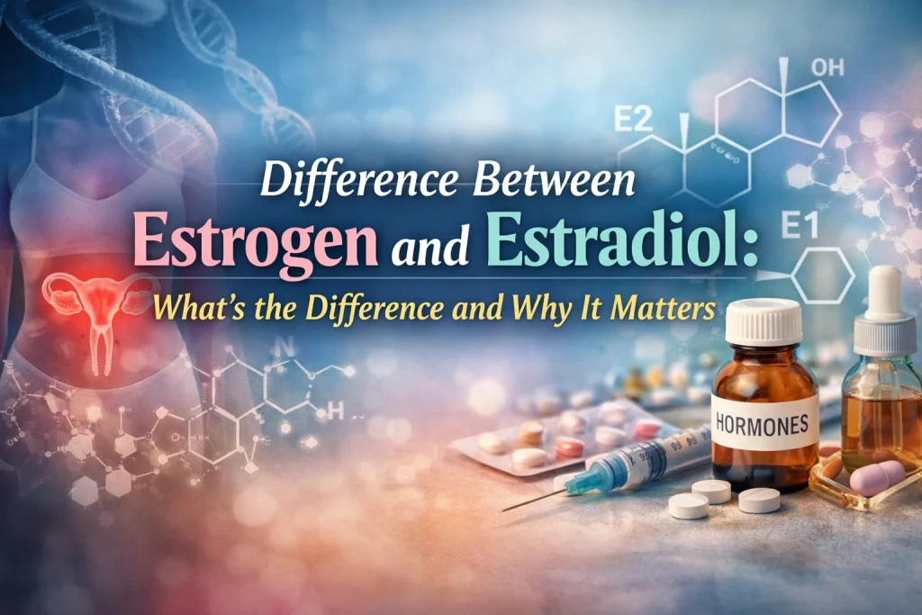 Horizontal featured image showing a clean, medical-style design representing hormone balance, with overlaid text reading “Difference Between Estrogen and Estradiol: What’s the Difference and Why It Matters.”