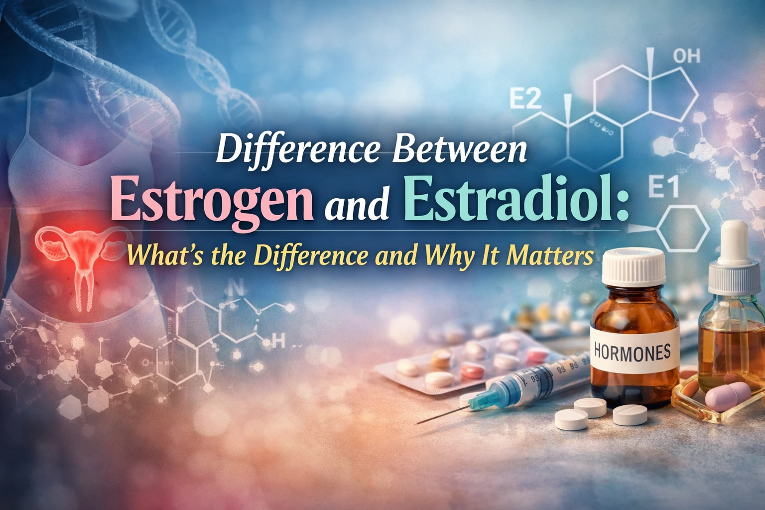 Horizontal featured image showing a clean, medical-style design representing hormone balance, with overlaid text reading “Difference Between Estrogen and Estradiol: What’s the Difference and Why It Matters.”