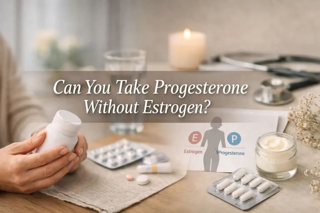 Horizontal featured image showing a woman in a calm healthcare setting, representing hormone balance and menopause care, with overlaid text reading “Can You Take Progesterone Without Estrogen?”