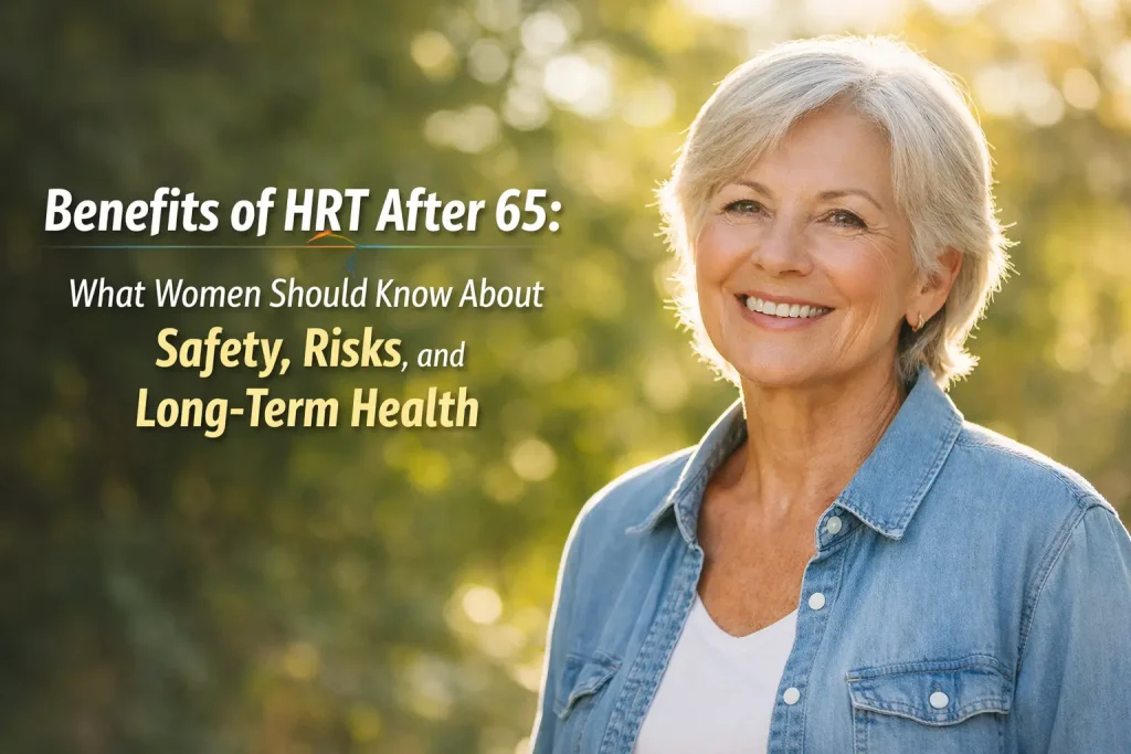 Horizontal featured image showing a confident older woman smiling in soft natural light with overlay text reading “Benefits of HRT After 65: What Women Should Know About Safety, Risks, and Long-Term Health.”