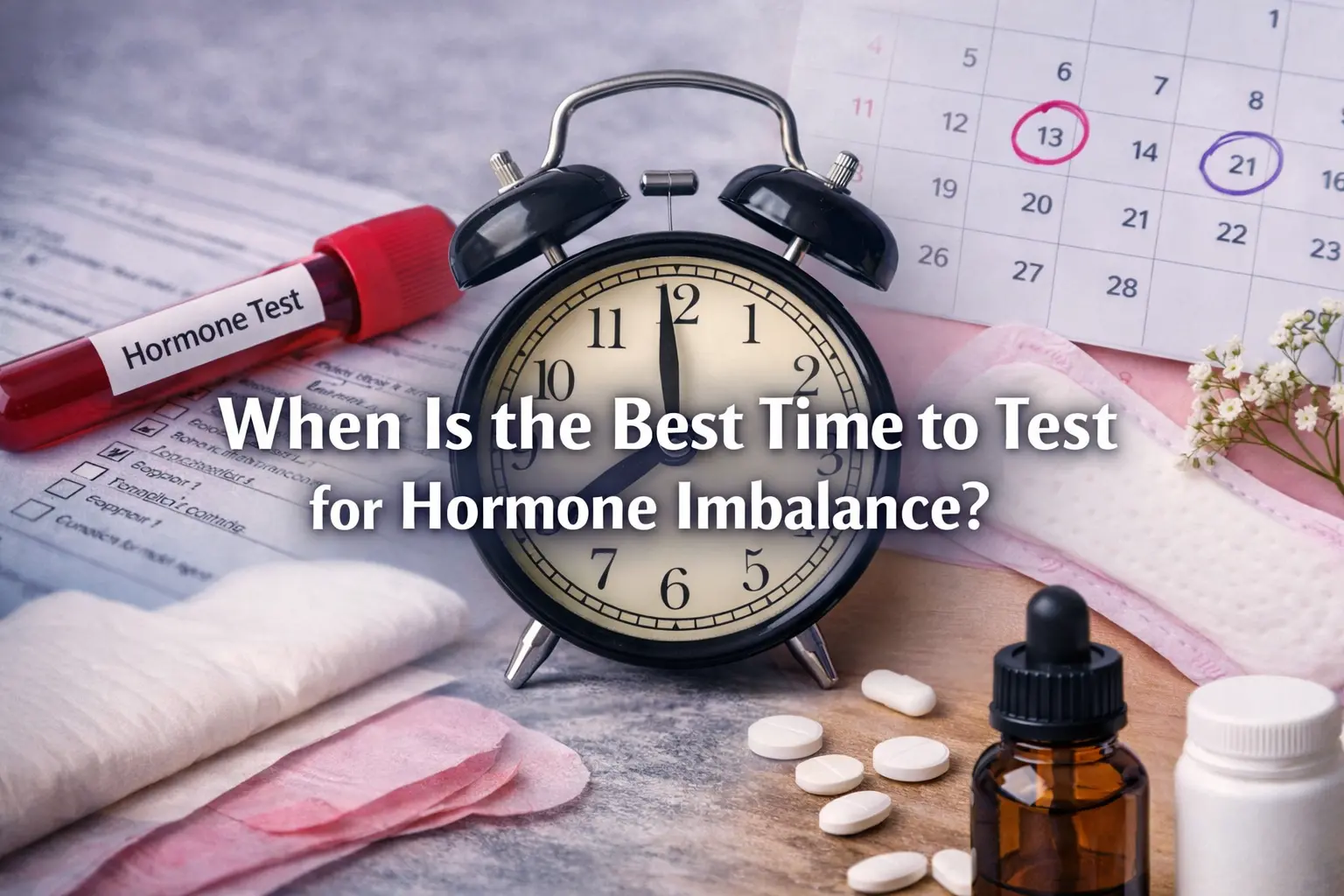 Horizontal featured image showing a woman reviewing hormone test results in a clinical setting with overlay text reading “When Is the Best Time to Test for Hormone Imbalance?”