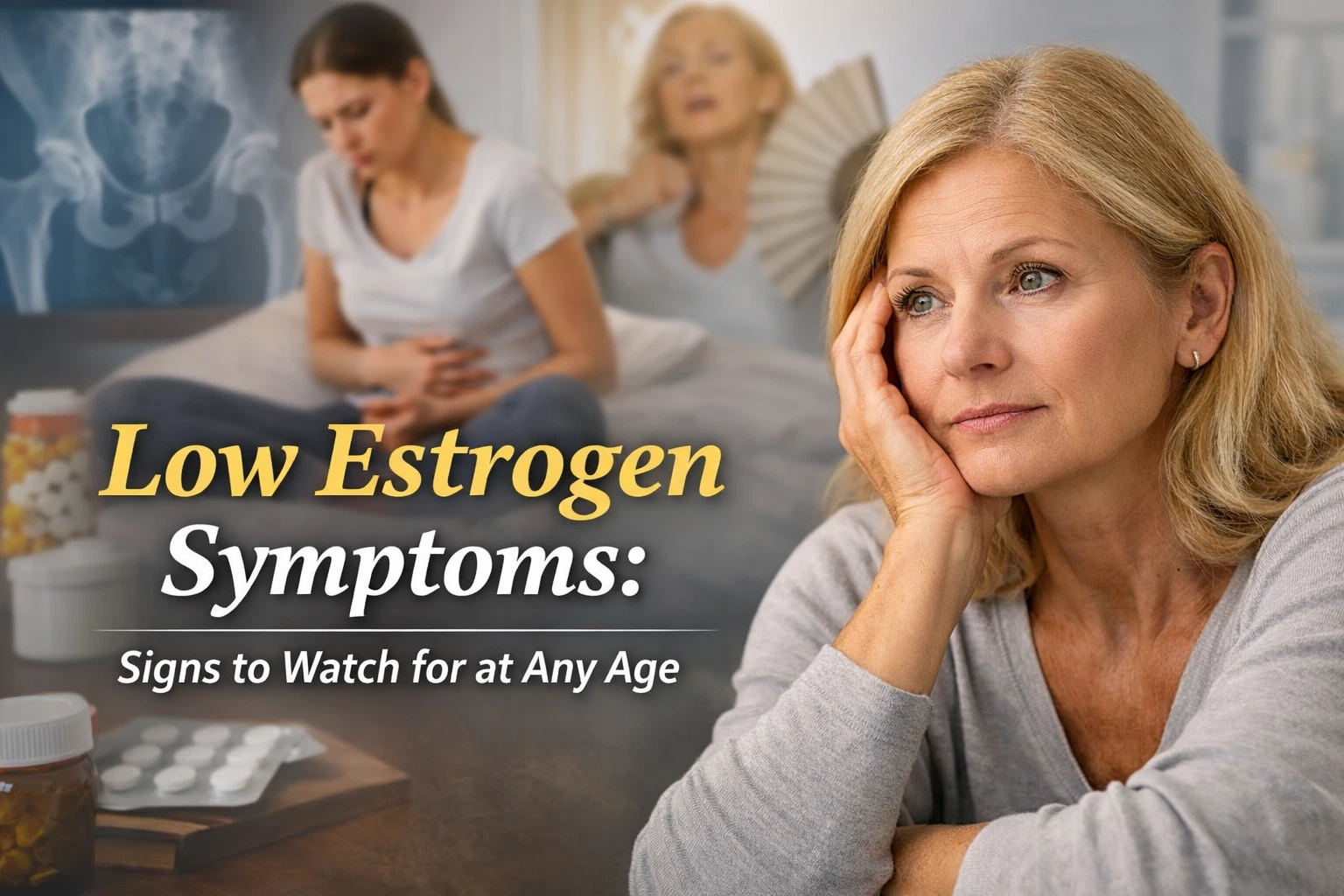 Horizontal featured image showing a thoughtful woman with a soft, neutral background and overlaid text reading “Low Estrogen Symptoms: Signs to Watch for at Any Age.”