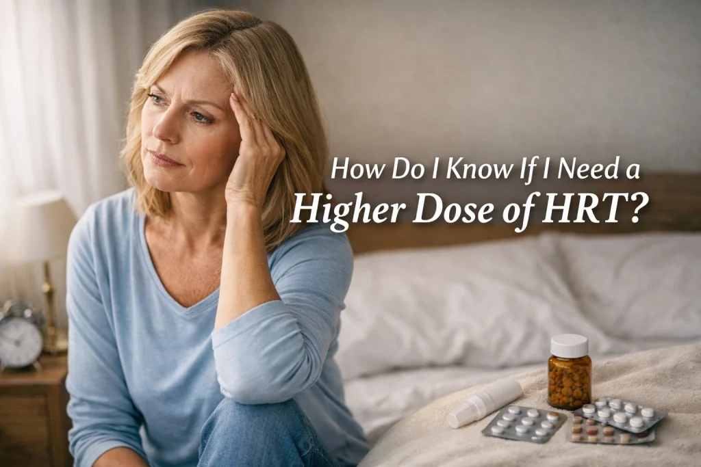 Horizontal image of a thoughtful midlife woman reviewing health notes on a tablet, representing hormone therapy decisions, with overlaid text reading “How Do I Know If I Need a Higher Dose of HRT?”