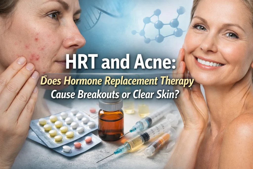 Woman examining her skin in the mirror with clear and breakout-affected complexion comparison, representing the effects of HRT on acne and hormone-related skin changes.