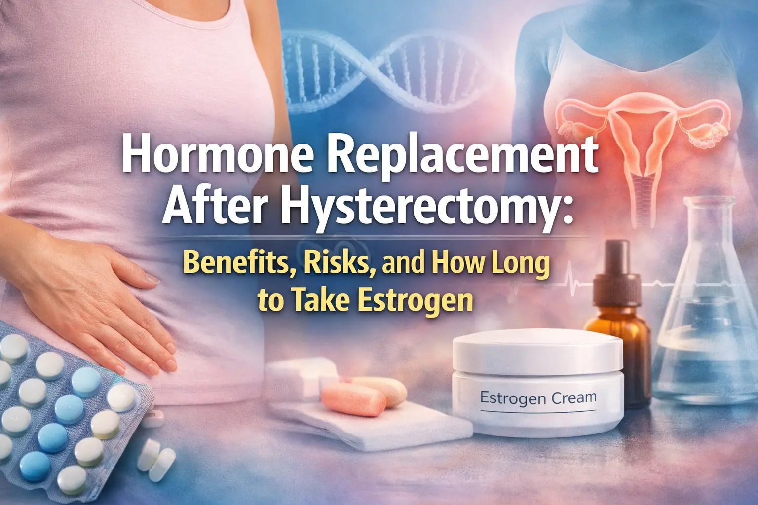 Horizontal featured image showing a woman holding her abdomen with medical visuals of estrogen therapy, pills, and hormone imagery, with text reading “Hormone Replacement After Hysterectomy: Benefits, Risks, and How Long to Take Estrogen”.