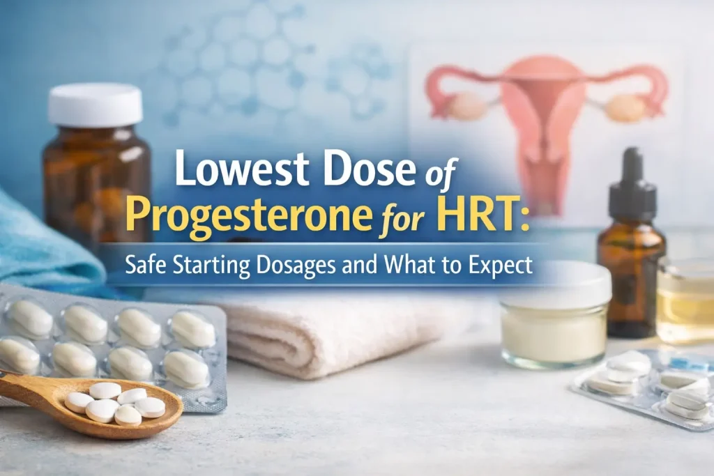Horizontal featured image showing progesterone capsules, supplement bottles, and a medical illustration of the female reproductive system with overlaid text reading “Lowest Dose of Progesterone for HRT: Safe Starting Dosages and What to Expect”.