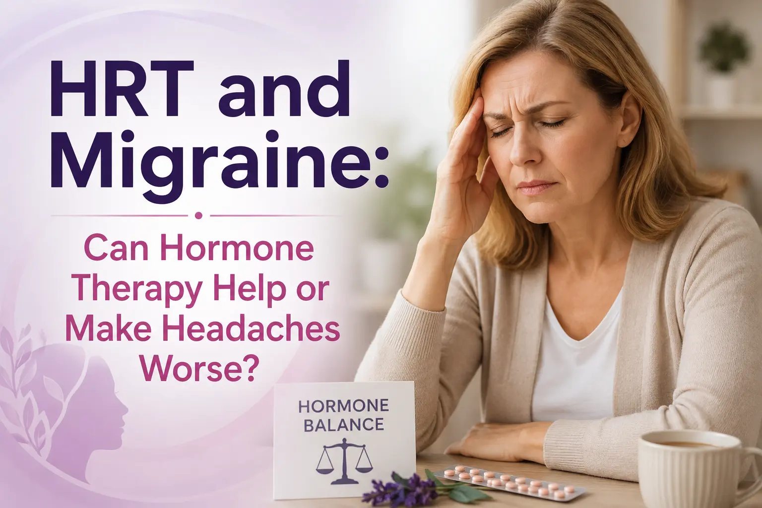 Horizontal featured image showing a middle-aged woman holding her head with signs of a migraine while soft medical and hormone-related visuals appear in the background. Overlaid text reads: “HRT and Migraine: Can Hormone Therapy Help or Make Headaches Worse?”