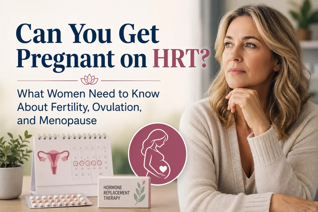Horizontal featured image showing a middle-aged woman looking thoughtful while holding a pregnancy test, with soft medical and wellness-themed imagery in the background. Overlaid text reads: “Can You Get Pregnant on HRT? What Women Need to Know About Fertility, Ovulation, and Menopause”.