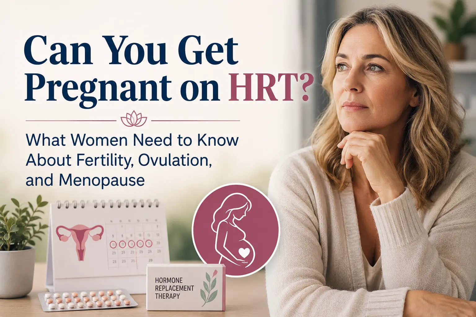 Horizontal featured image showing a middle-aged woman looking thoughtful while holding a pregnancy test, with soft medical and wellness-themed imagery in the background. Overlaid text reads: “Can You Get Pregnant on HRT? What Women Need to Know About Fertility, Ovulation, and Menopause”.