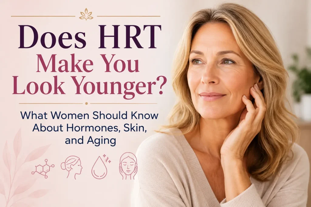 Horizontal featured image showing a confident middle-aged woman with healthy glowing skin in soft natural lighting, representing healthy aging and wellness. The background has a clean, calming aesthetic with subtle skincare and wellness themes. Overlaid text reads: “Does HRT Make You Look Younger? What Women Should Know About Hormones, Skin, and Aging”.