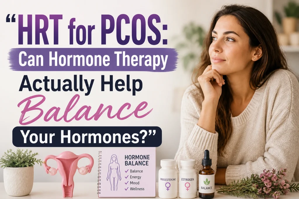 Horizontal featured image showing a woman thoughtfully looking to the side, with hormone-related items like supplement bottles and a model of the uterus on a table. Overlaid text reads: “HRT for PCOS: Can Hormone Therapy Actually Help Balance Your Hormones?”