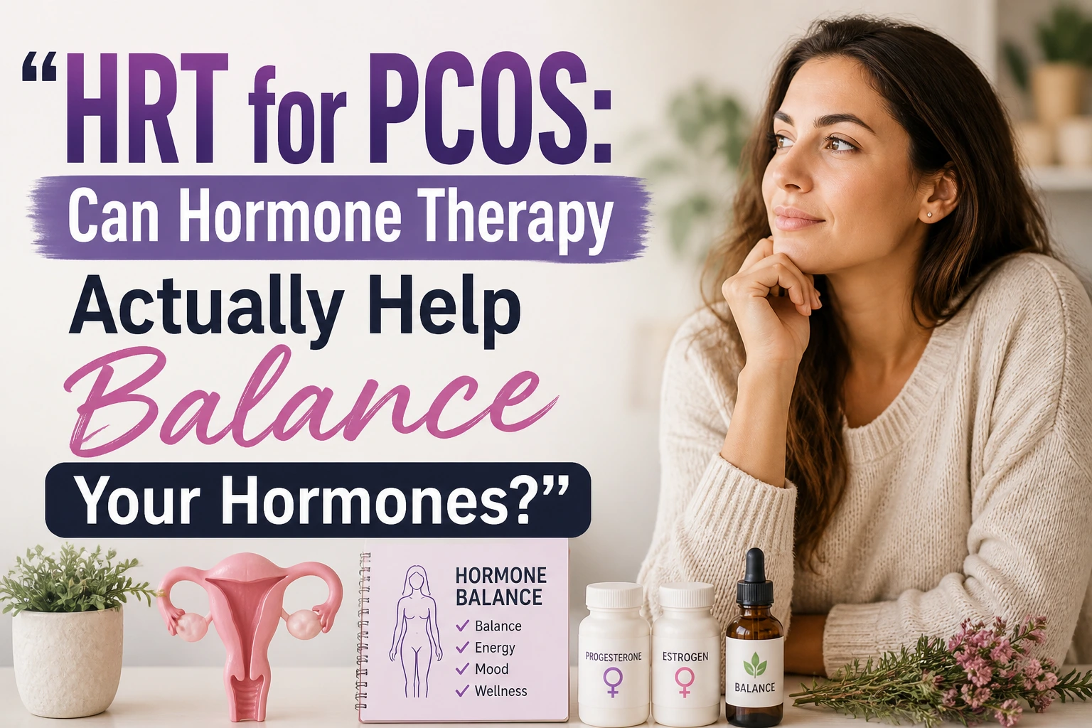 Horizontal featured image showing a woman thoughtfully looking to the side, with hormone-related items like supplement bottles and a model of the uterus on a table. Overlaid text reads: “HRT for PCOS: Can Hormone Therapy Actually Help Balance Your Hormones?”