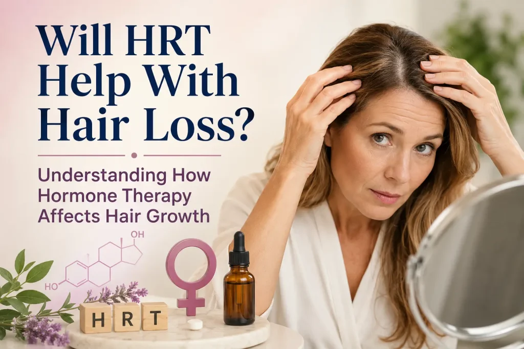 Woman examining thinning hair near her part line. Overlaid text reads: "Will HRT Help With Hair Loss? Understanding How Hormone Therapy Affects Hair Growth."