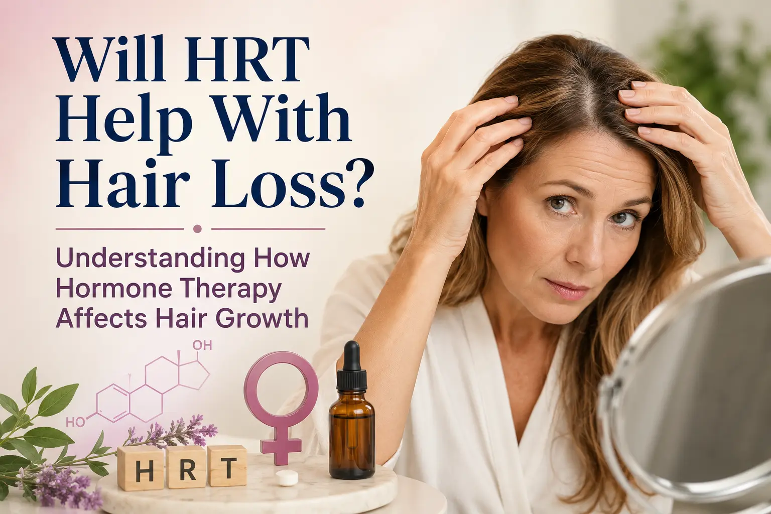 Woman examining thinning hair near her part line. Overlaid text reads: "Will HRT Help With Hair Loss? Understanding How Hormone Therapy Affects Hair Growth."