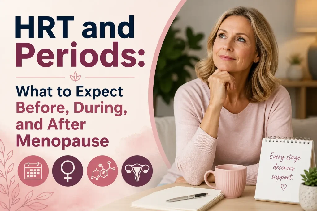 Middle-aged woman sitting at a table with a thoughtful expression, alongside healthcare-themed icons representing hormones, women's health, and menopause. The image includes the title "HRT and Periods: What to Expect Before, During, and After Menopause" and illustrates the connection between hormone replacement therapy and menopause-related health changes.