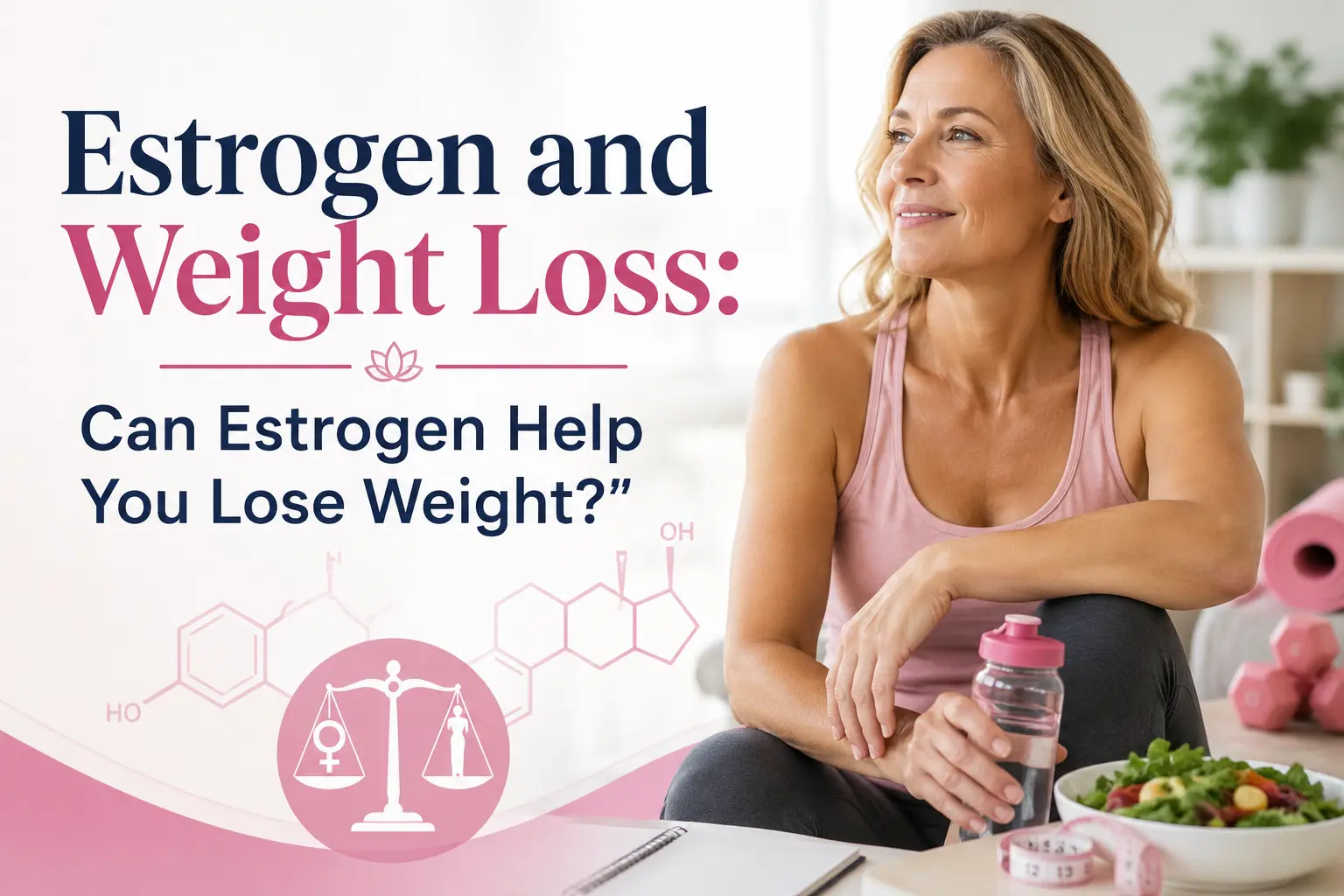 Woman measuring her waist while standing beside a scale and healthy foods, illustrating the connection between estrogen and weight loss, with the text "Estrogen and Weight Loss: Can Estrogen Help You Lose Weight?" overlaid on the image.