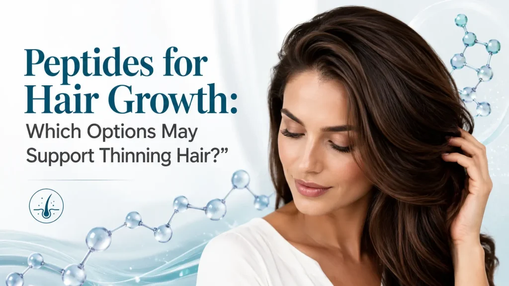 Woman with thick, dark brown hair beside molecular graphics and text reading, “Peptides for Hair Growth: Which Options May Support Thinning Hair?”