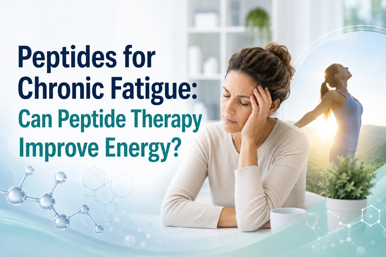 Tired woman resting her head at a table beside peptide molecule graphics and a sunlit image of an energized woman, with the headline “Peptides for Chronic Fatigue: Can Peptide Therapy Improve Energy?”