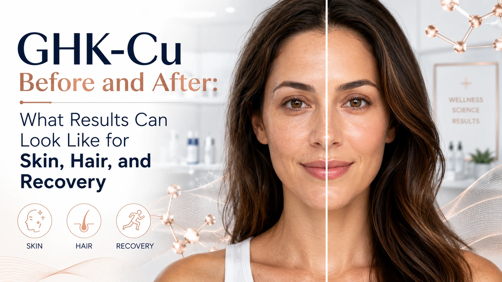 Horizontal GHK-Cu before-and-after featured image showing a split-face portrait of a woman, with smoother-looking skin and shinier hair on one side, plus skin, hair, and recovery icons.