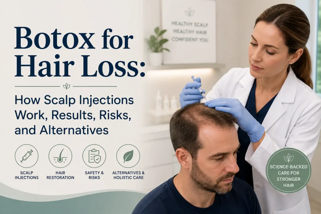 Female clinician administering a scalp injection to a seated man with thinning crown hair, alongside the headline “Botox for Hair Loss: How Scalp Injections Work, Results, Risks, and Alternatives” and icons representing scalp injections, hair restoration, safety, risks, and holistic alternatives.
