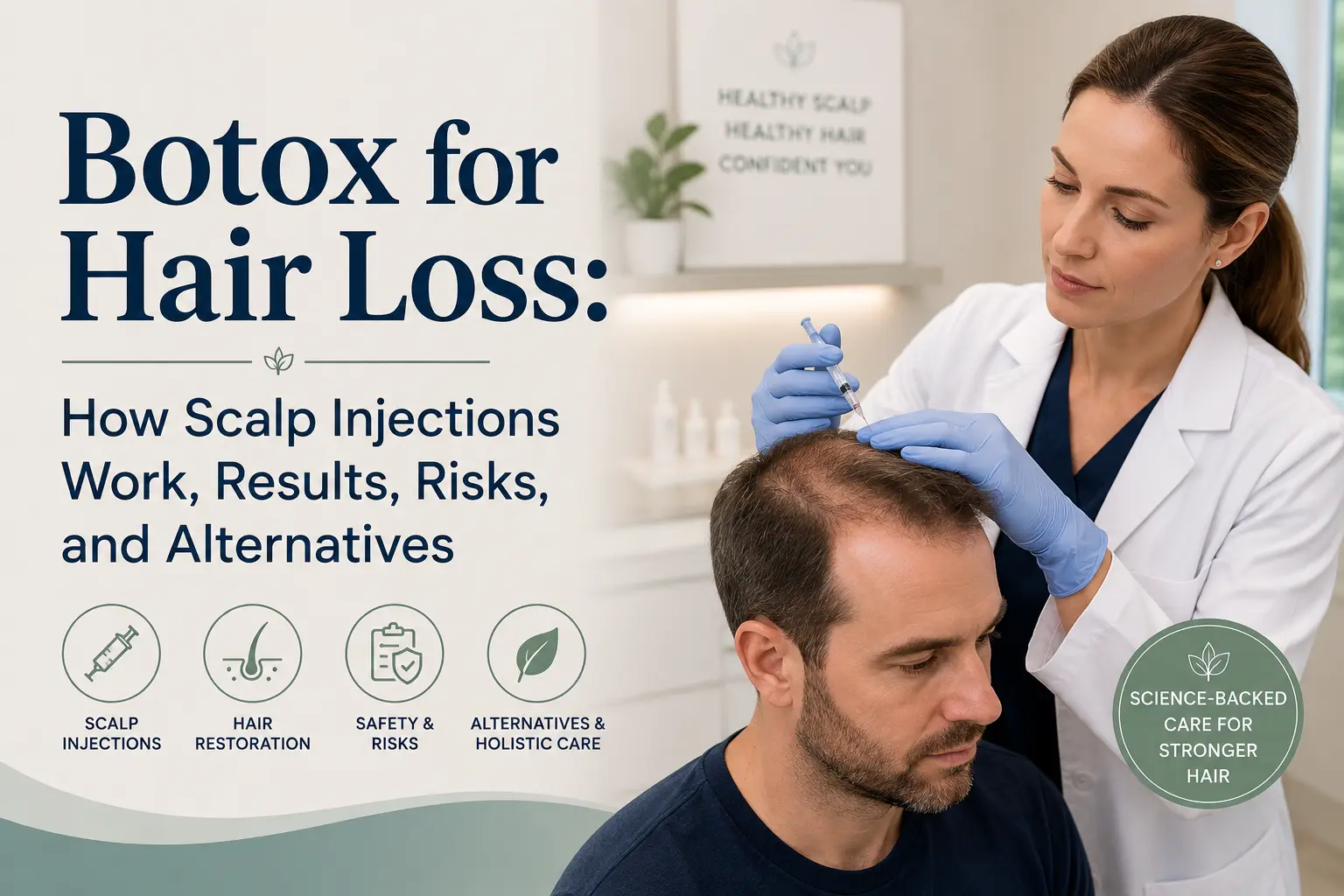 Female clinician administering a scalp injection to a seated man with thinning crown hair, alongside the headline “Botox for Hair Loss: How Scalp Injections Work, Results, Risks, and Alternatives” and icons representing scalp injections, hair restoration, safety, risks, and holistic alternatives.
