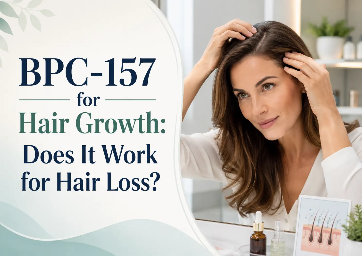 Woman parting her brown hair to examine her scalp beside dropper bottles and a hair-follicle diagram, with text about BPC-157 for hair growth.