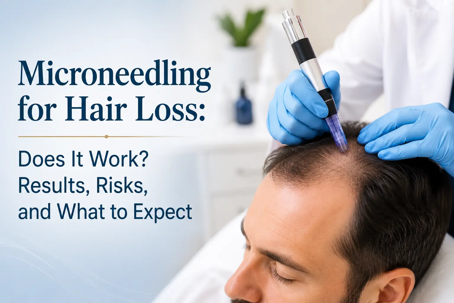 Practitioner using a microneedling pen on a man’s thinning scalp beside text about microneedling for hair loss, results, risks, and expectations.