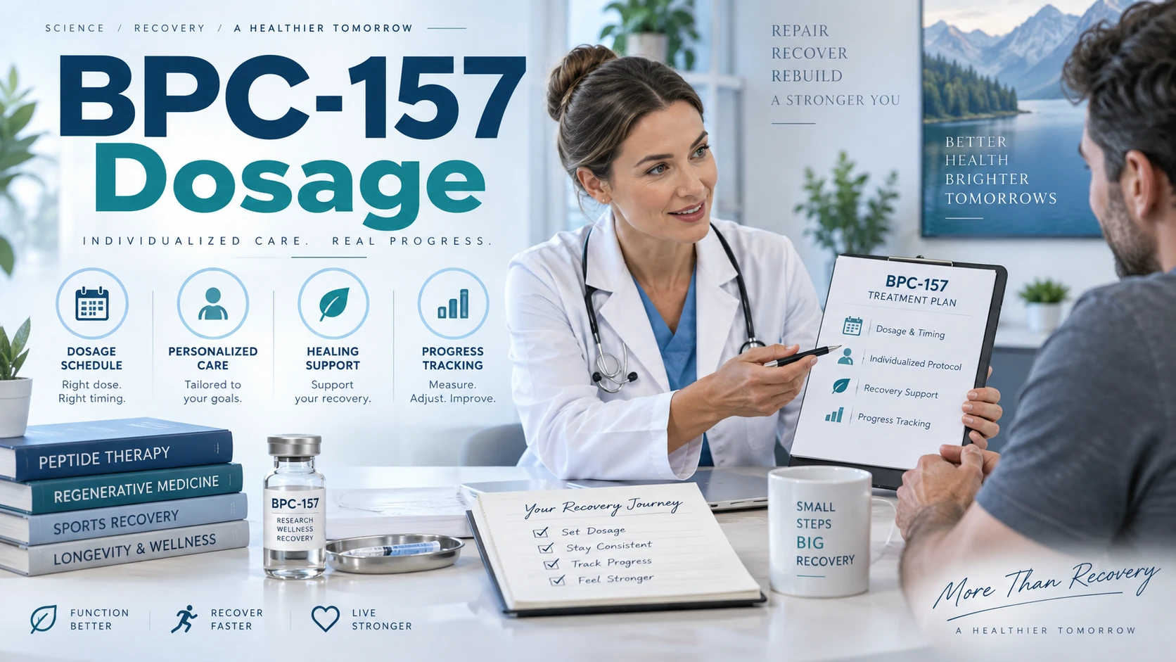 Doctor discussing a BPC-157 treatment plan with a patient, alongside dosage scheduling, personalized care, recovery support, and progress tracking graphics, with text reading “BPC-157 Dosage.”