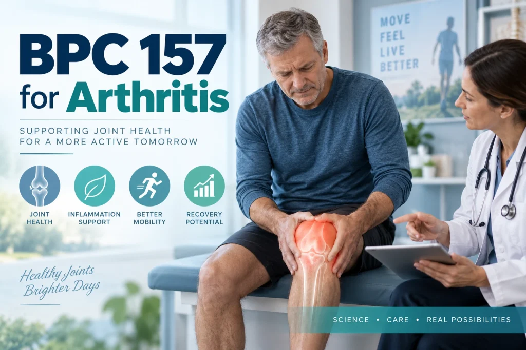 Older man holding a painful knee while speaking with a doctor, alongside joint health, inflammation, mobility, and recovery graphics, with text reading “BPC 157 for Arthritis.”