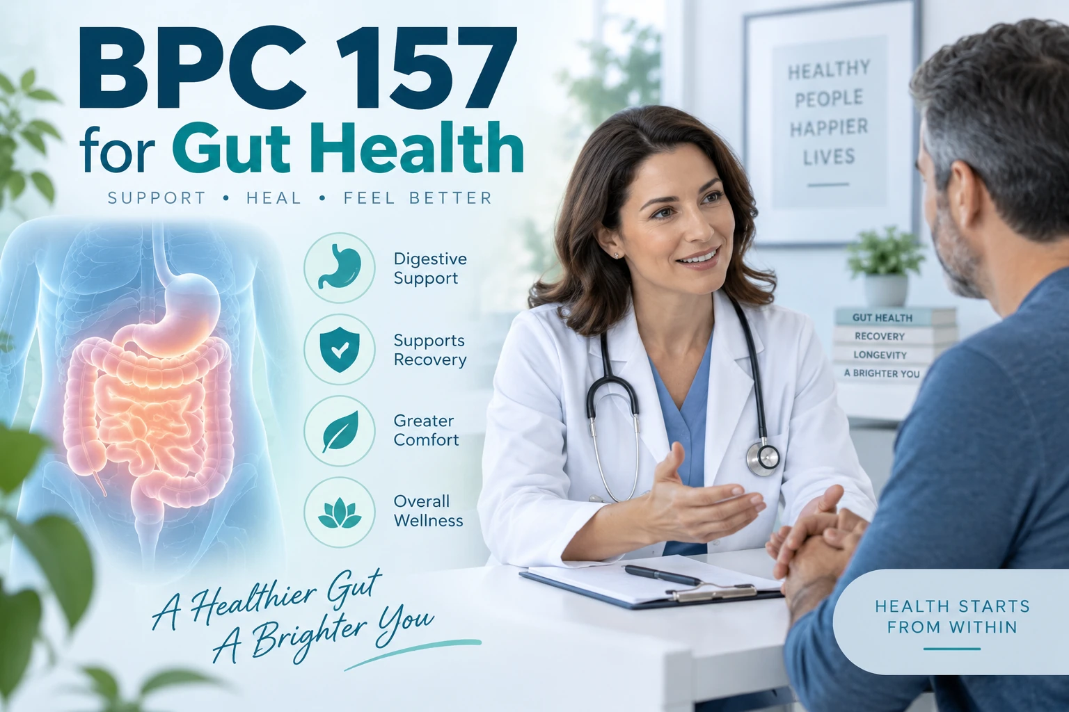 Doctor discussing digestive health with a patient beside an illustration of the digestive system and icons for digestive support, recovery, comfort, and wellness, with text reading “BPC 157 for Gut Health.”