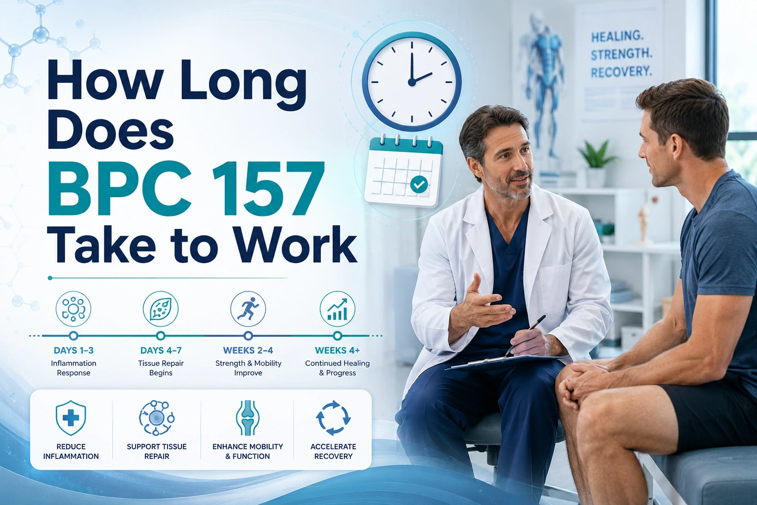 Doctor discussing recovery with a male patient beside a clock and healing timeline, with text reading “How Long Does BPC 157 Take to Work?”