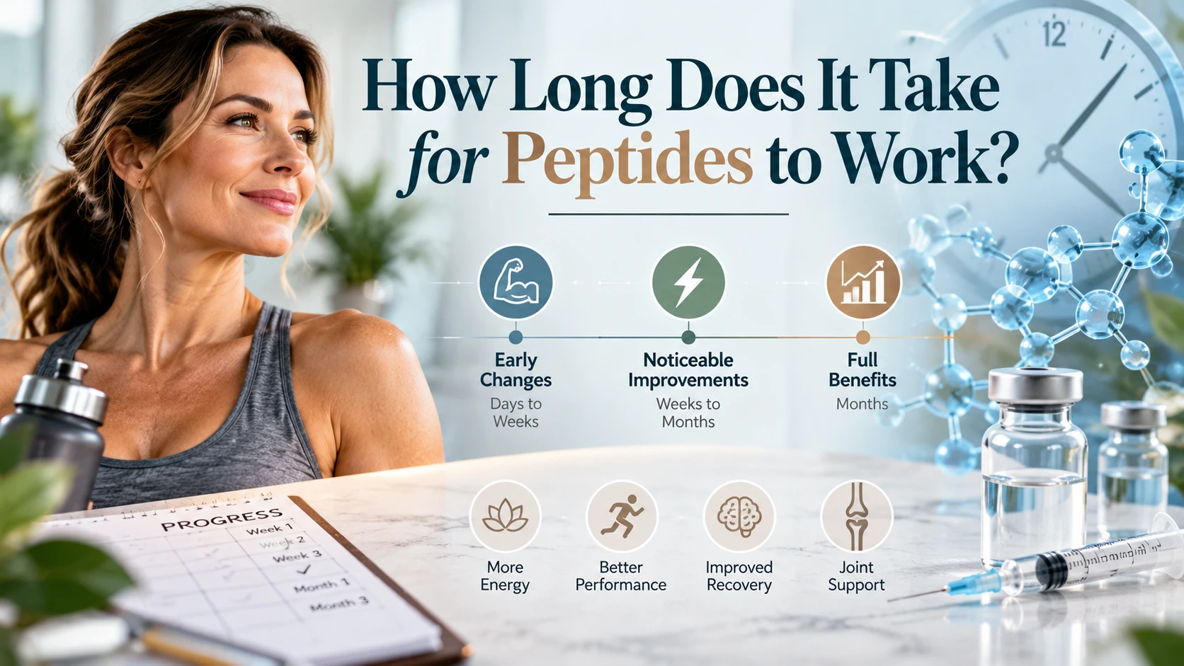 Woman beside peptide vials, a syringe, progress planner, and timeline showing early changes, noticeable improvements, and full benefits, with text reading “How Long Does It Take for Peptides to Work?”