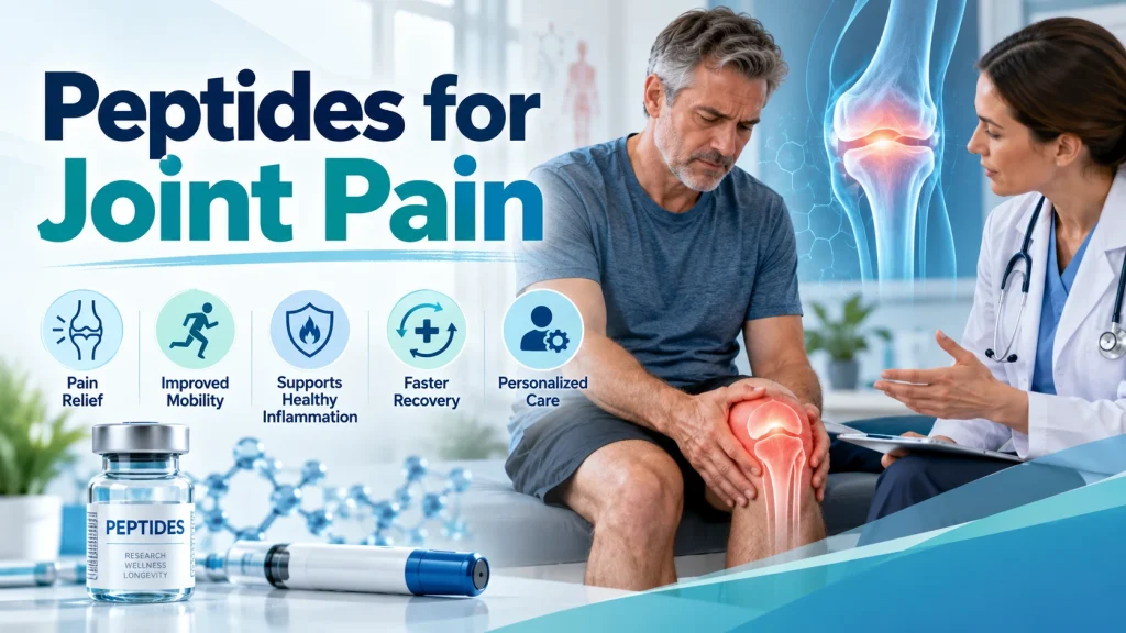 Man discussing joint pain with a doctor, alongside knee joint imagery, peptide treatment graphics, and icons for pain relief, mobility, inflammation support, recovery, and personalized care, with text reading “Peptides for Joint Pain.”