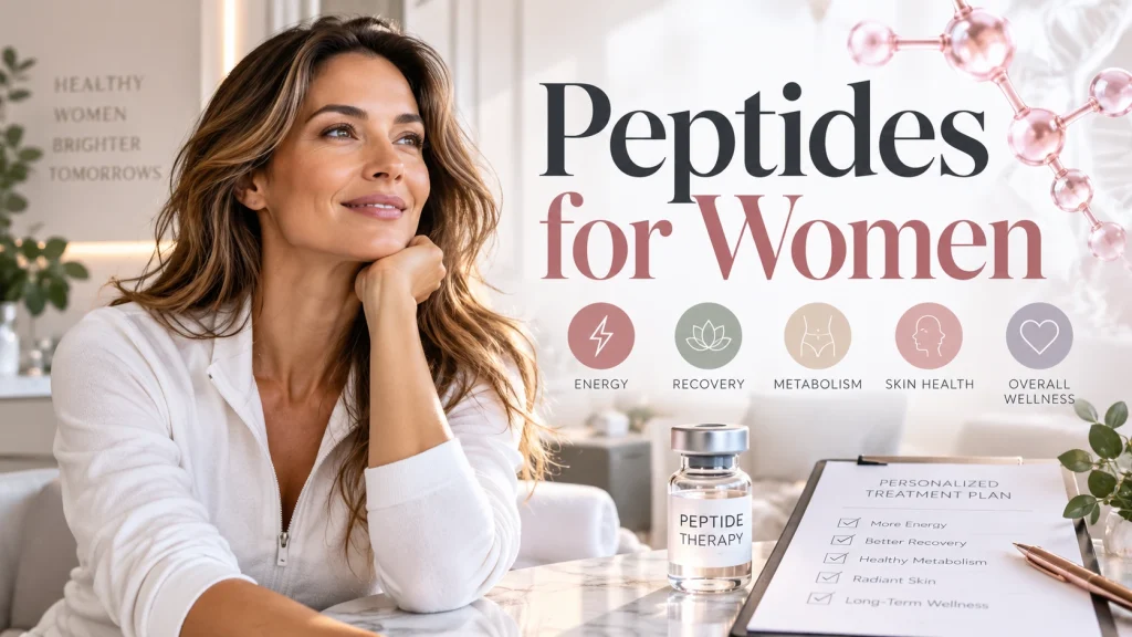 Woman beside peptide therapy imagery and icons for energy, recovery, metabolism, skin health, and overall wellness, with text reading “Peptides for Women.”
